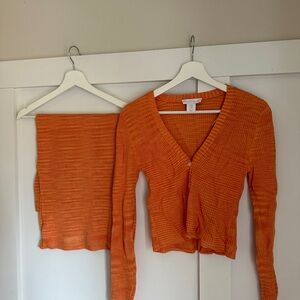 Orange Ribbed Cardigan and Skirt Set